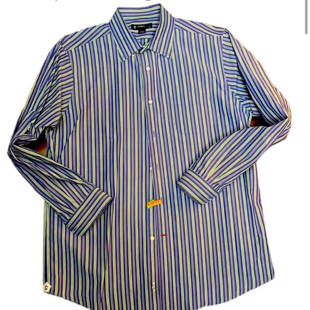 DANIEL CREMIEUX Men’s Blue Green White Striped Oxford Dress Shirt Size Large